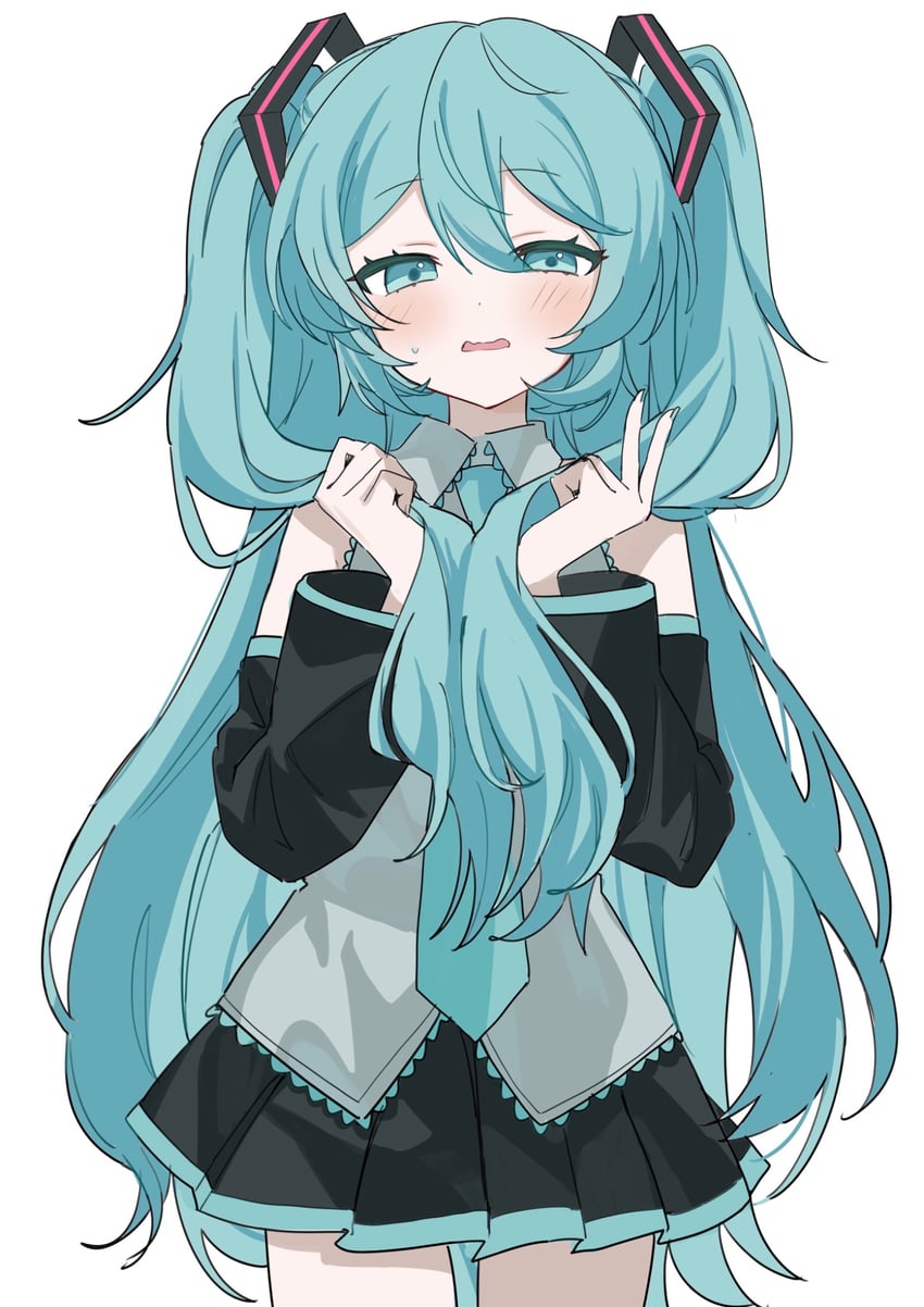 VOCALOID、初音未来 1名女孩 不同发型 水色瞳 水色发 水蓝色领带