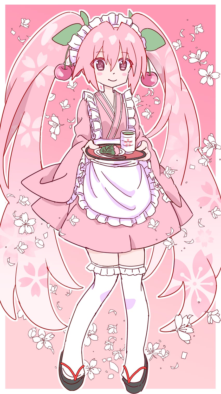 VOCALOID、初音未来、樱花未来 1名女孩 围裙 腮红贴纸 边框 樱花