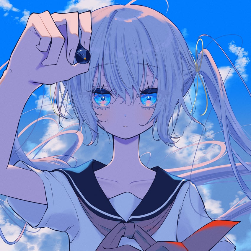 原创 1名女孩 蓝眼 白天 无表情 举手