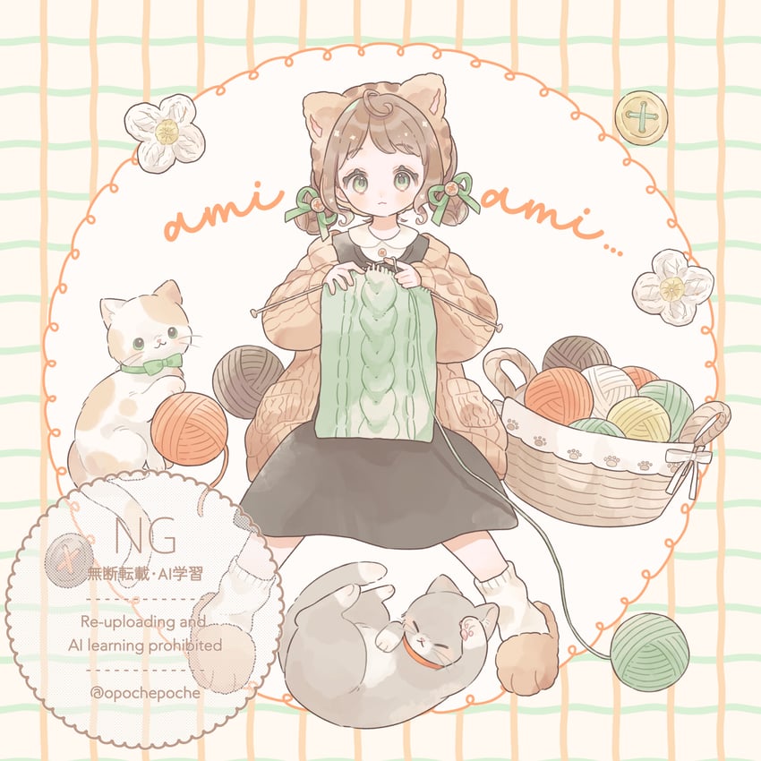 原创 1名女孩 动物 兽耳发箍 兽耳 篮子