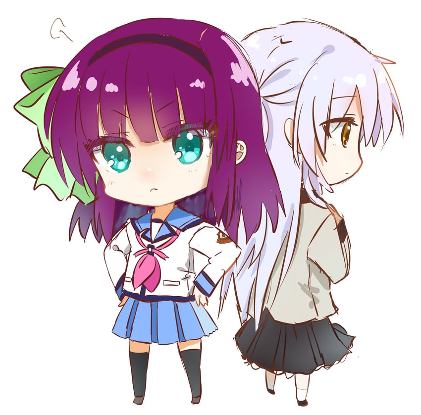 Angel Beats!、中村由利、立华奏 2名女孩 愤怒面孔 水色瞳 背靠背 黑色发带