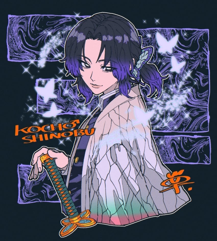 鬼灭之刃、蝴蝶忍 1名男孩 抽象背景 黑瞳 黑发 虫子