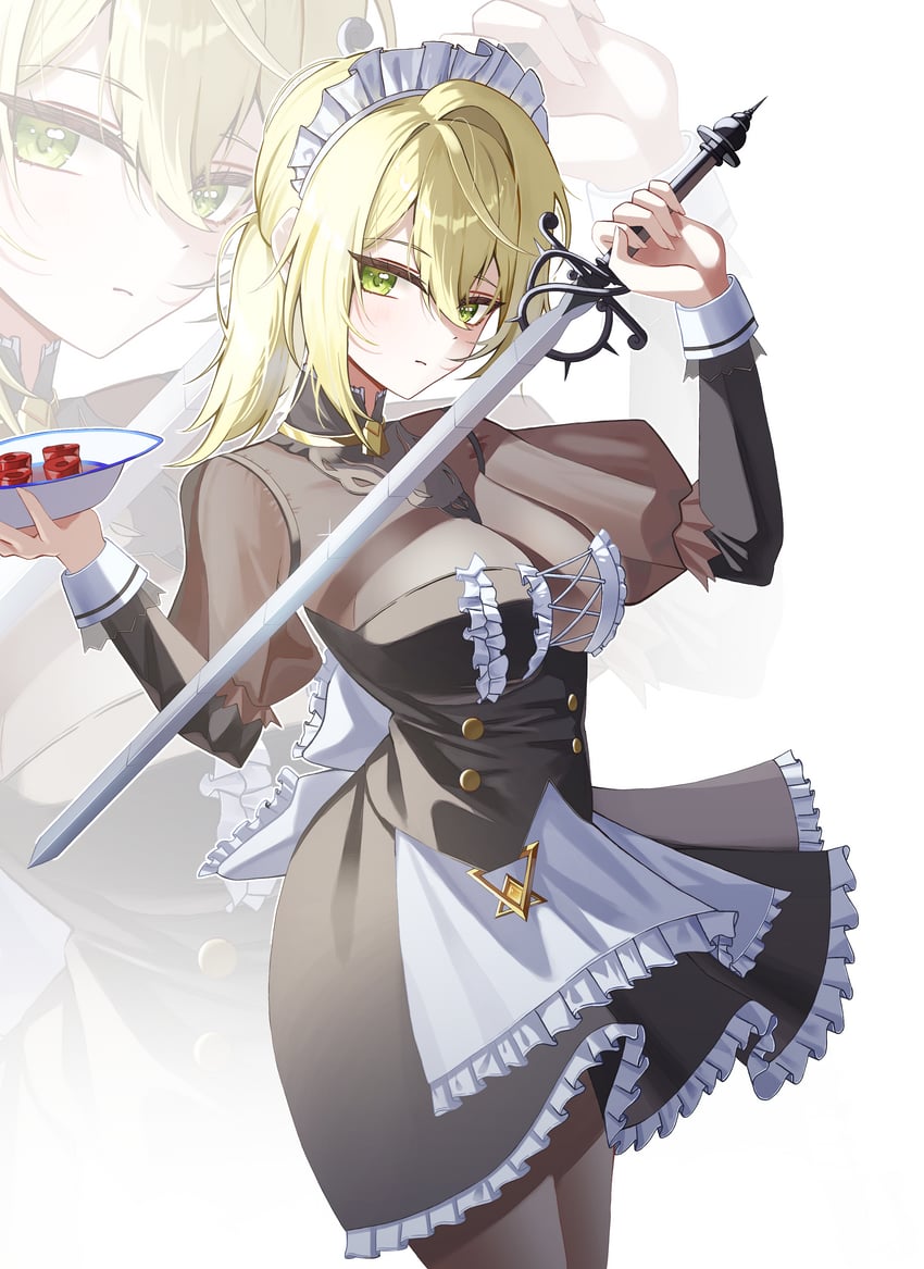 少女前线、少女前线2：追放、六分仪（少女前线2） 1名女孩 黑色连衣裙 金发 乳房 纽扣