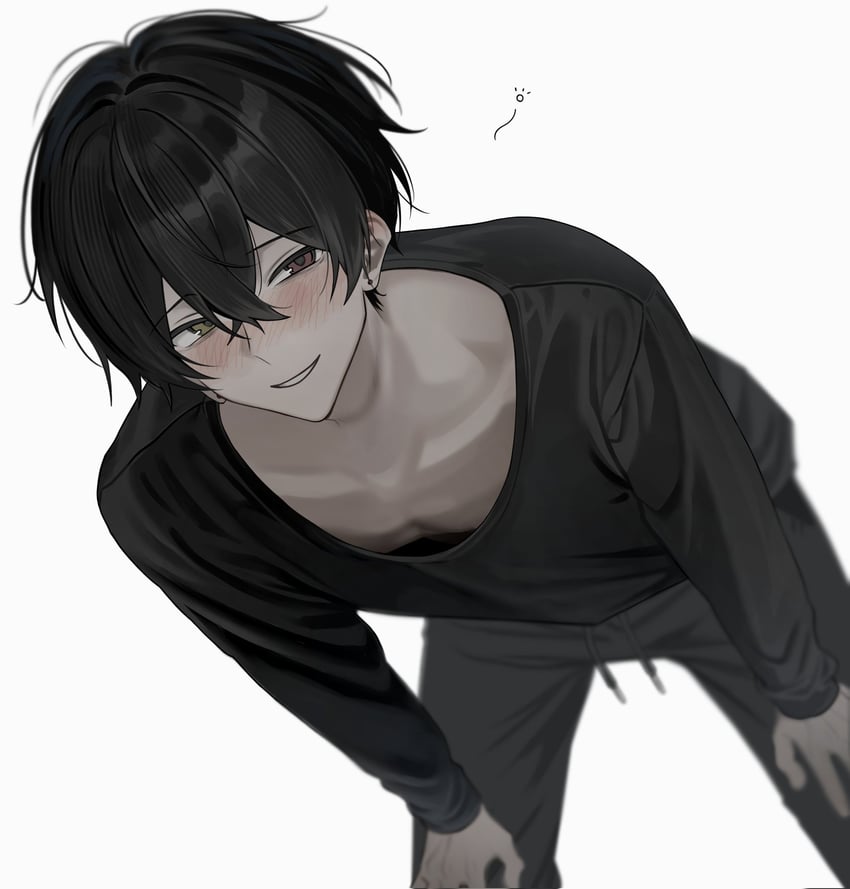 原创 1名男孩 黑发 黑衬衫 脸红 交叉刘海
