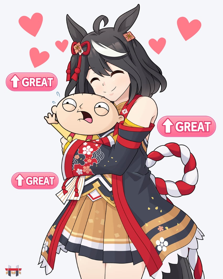 恶搞之家、赛马娘、北部玄驹 (锦上之花) (赛马娘) 微笑 呆毛 兽耳 黑发 和式背心