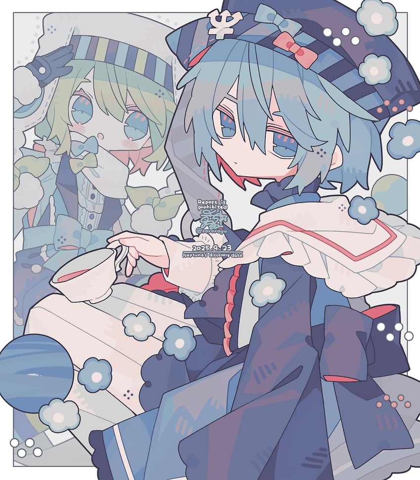 原创 1名男孩 1名女孩 惊讶 黑帽子 蓝色蝴蝶结