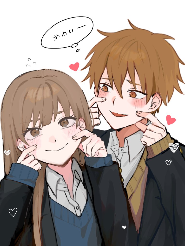 冰之城壁、amamiya minato (koori no jouheki)、冰川小雪 1名男孩 1名女孩 黑色夹克 脸红 棕眼睛