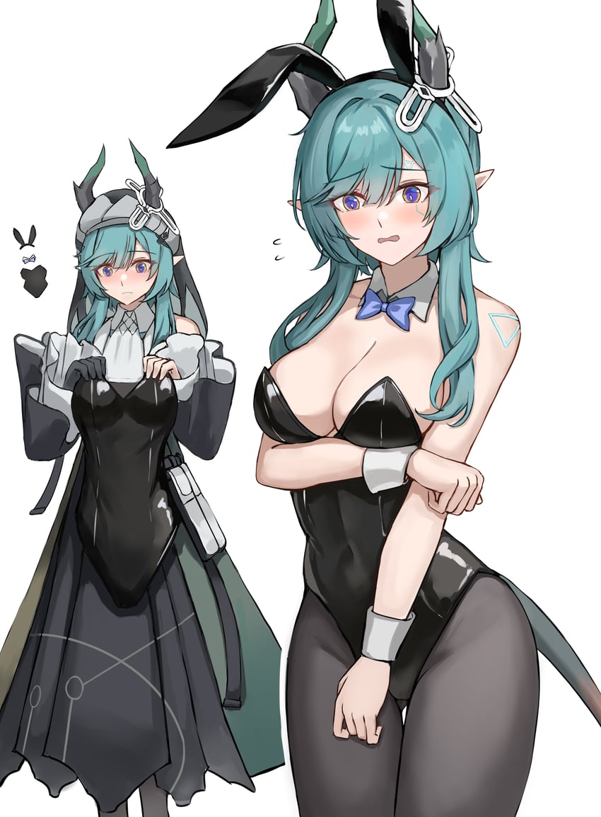 明日方舟、明日方舟：终末地、塞赫 (明日方舟) 1名女孩 兽耳 水色发 手臂托在乳房下 露肩