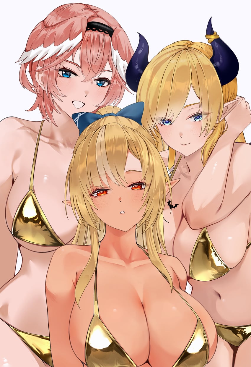 Hololive、不知火芙蕾雅、鹰岭琉衣 3人女子 替换服装 比基尼 黑角 金发