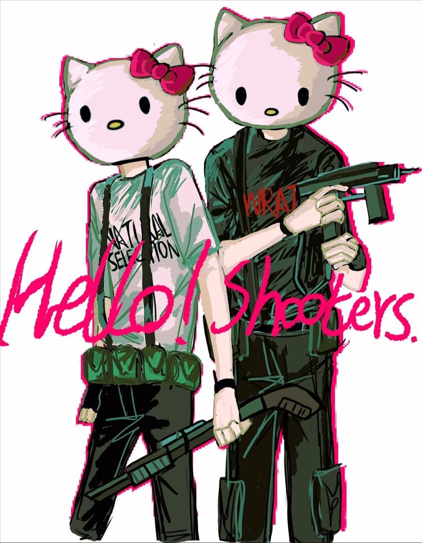 Hello Kitty、现实生活、三丽鸥 2个男孩 背靠背 裸臂 黑色手套 黑裤子