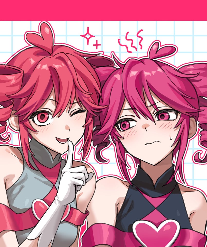 character t (utau)、UTAU、重音Teto 2名女孩 异色发 黑衬衫 脸红 克隆
