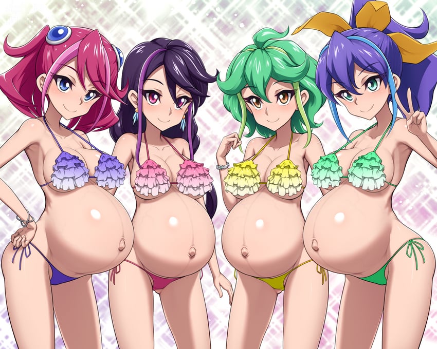 游戏王、游戏王 ARC-V、柊柚子 4个女孩 大肚子 比基尼 黑发 蓝眼