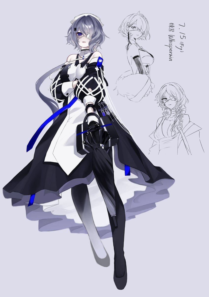 明日方舟、絮雨 (明日方舟) 1名女孩 露肩 黑色连衣裙 黑色手套 黑色连裤袜