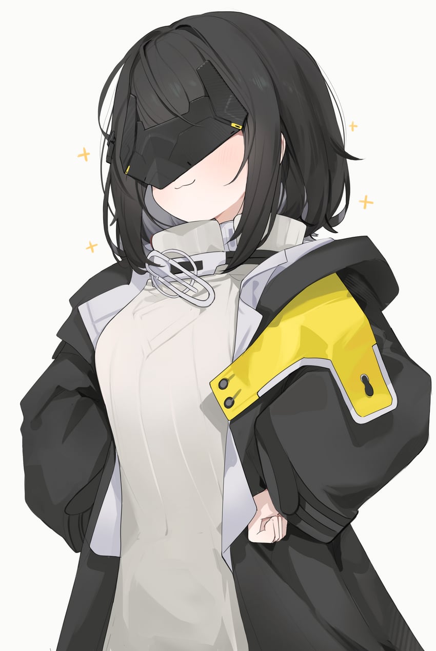 明日方舟、明日方舟：终末地、管理员 (明日方舟) 1名女孩 猫脸笑 黑发 黑色夹克 黑面具