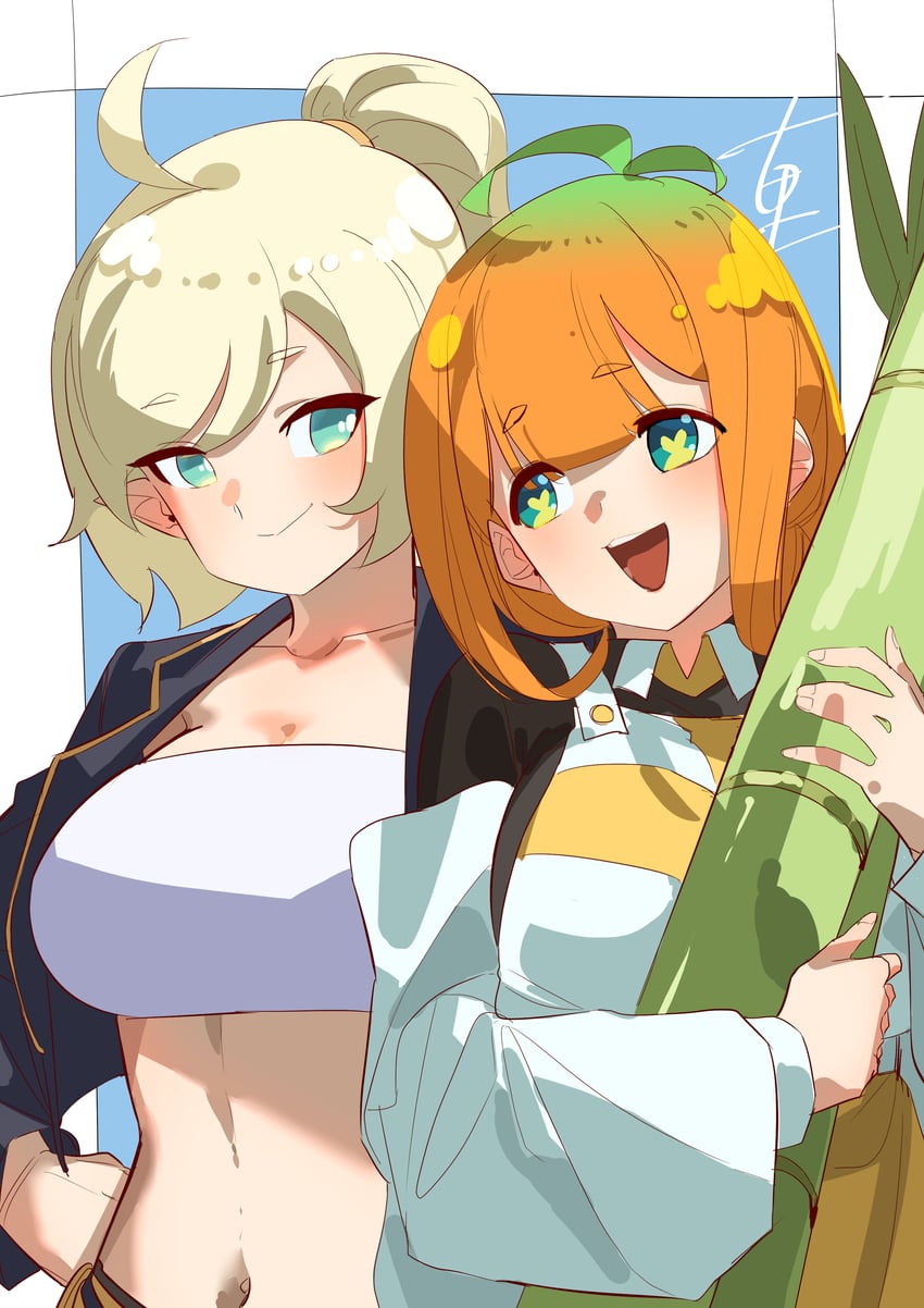 提卡尔、canna (trickcal)、凯洛特 (幻影射击) 2名女孩 呆毛 黑色夹克 黑衬衫 金发