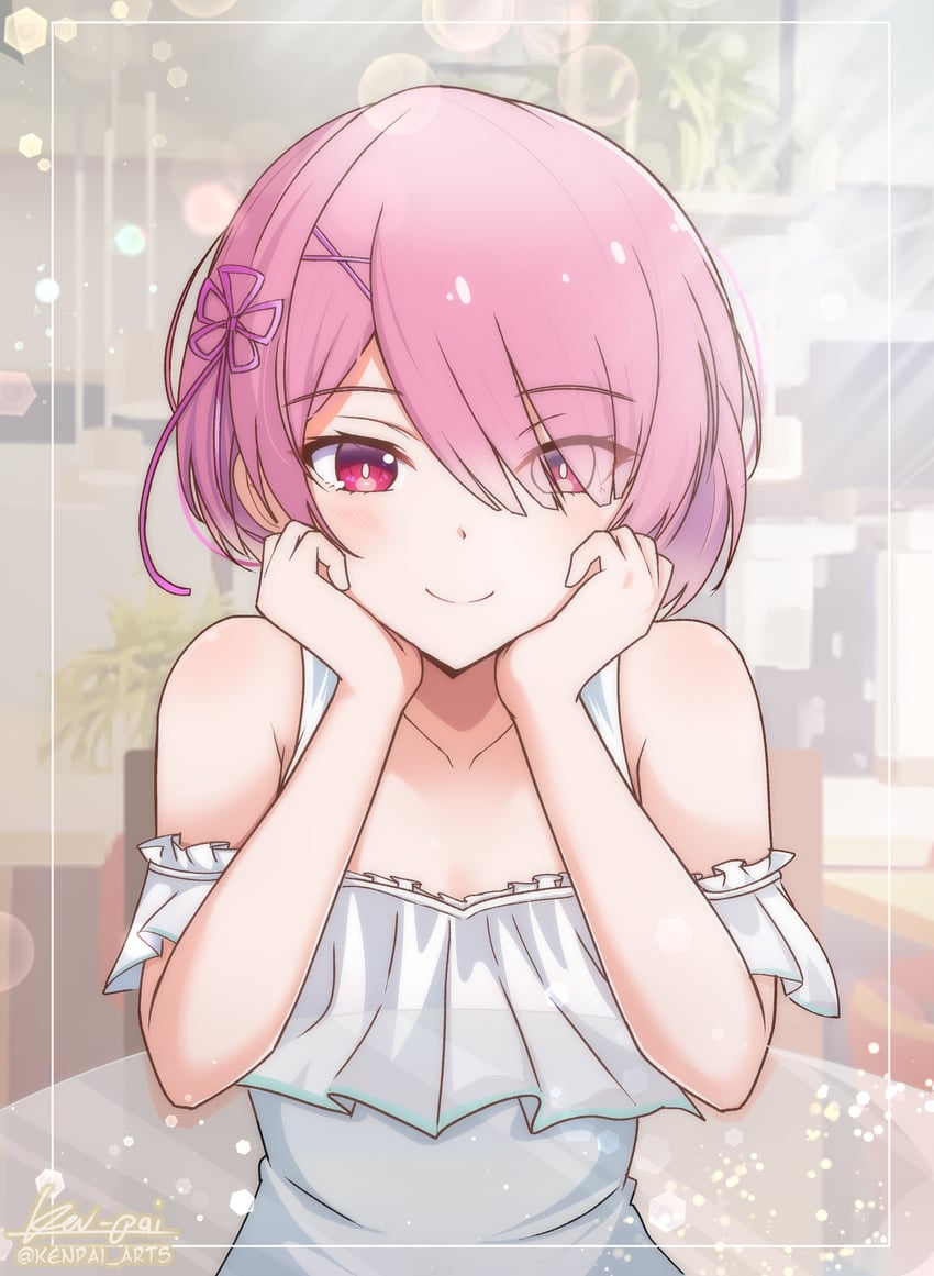 Re:从零开始的异世界生活、拉姆 (Re:Zero) 1名女孩 替换服装 露肩 齐刘海 脸红