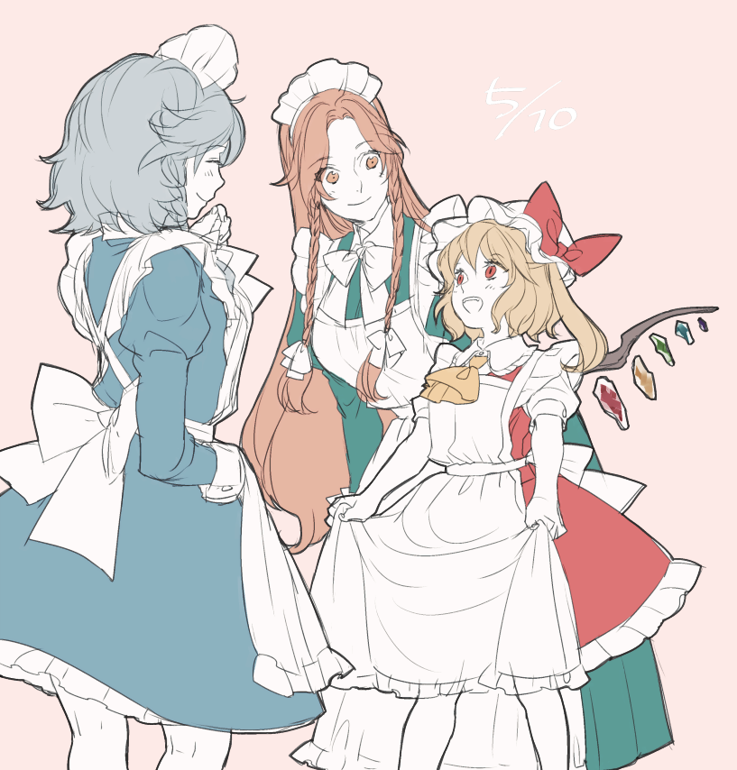 东方Project、芙兰朵露·斯卡蕾特、红美铃 3人女子 替换服装 围裙 撩起围裙 阿斯科特领巾