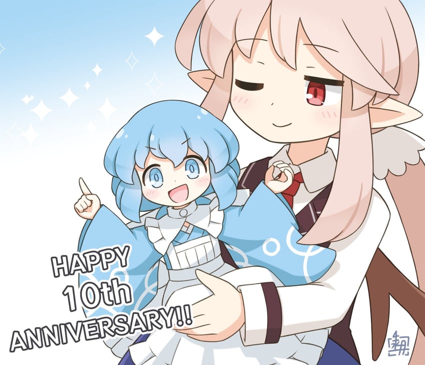 原创、elsie (kitagawa suigetsu)、艾丝塔尼亚 2名女孩 周年纪念 围裙 作者标志 蓝色背景