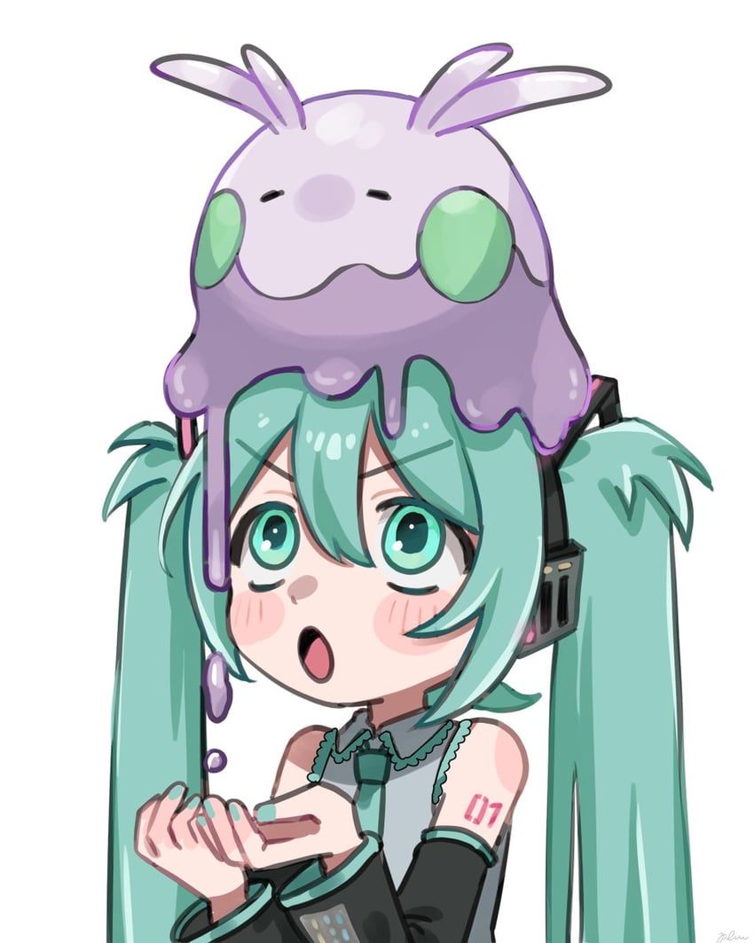 宝可梦、VOCALOID、黏黏宝 1名女孩 举起双手 露肩 腮红贴纸 闭眼