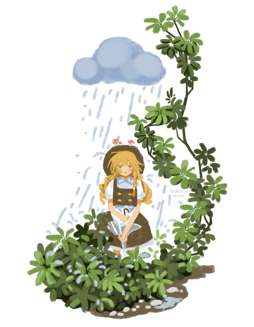 东方Project、雾雨魔理沙 1名女孩 围裙 黑帽子 黑色裙子 黑色马甲