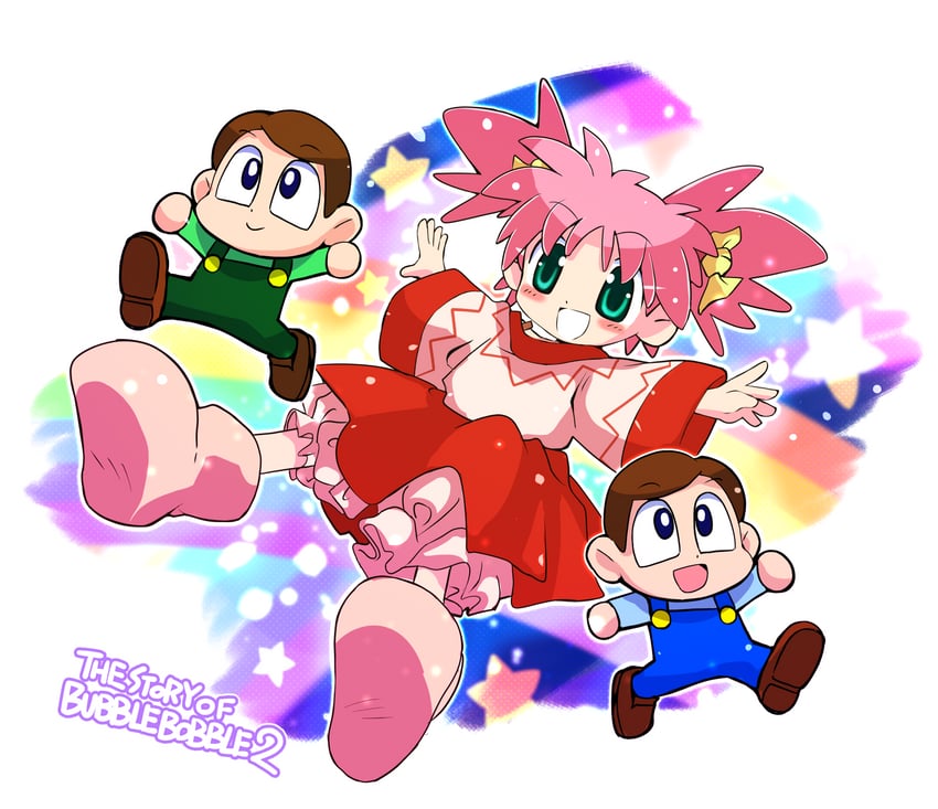 rainbow islands: putty's party、rainbow islands: the story of bubble bobble 2、bobby (rainbow islands) 1名女孩 2个男孩 水色瞳 黑瞳 蓝色背带裤