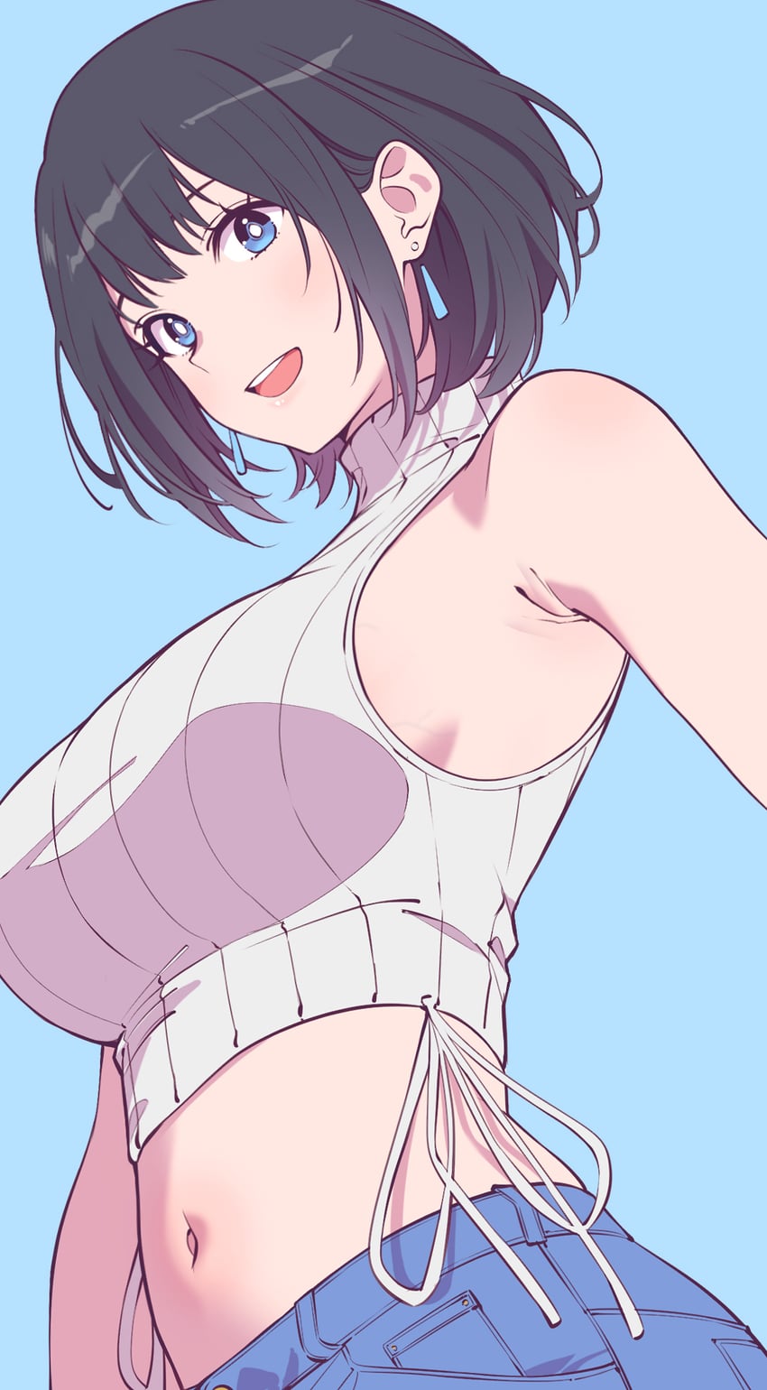 原创 1名女孩 :D 腋窝褶皱 黑发 蓝色背景