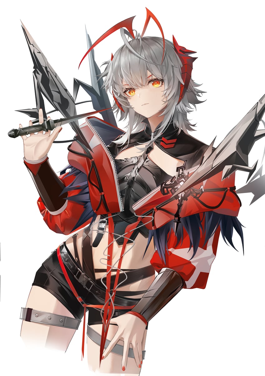 明日方舟、W (明日方舟)、维什戴尔 (明日方舟) 1名女孩 呆毛 黑色短裤 乳房 闭嘴