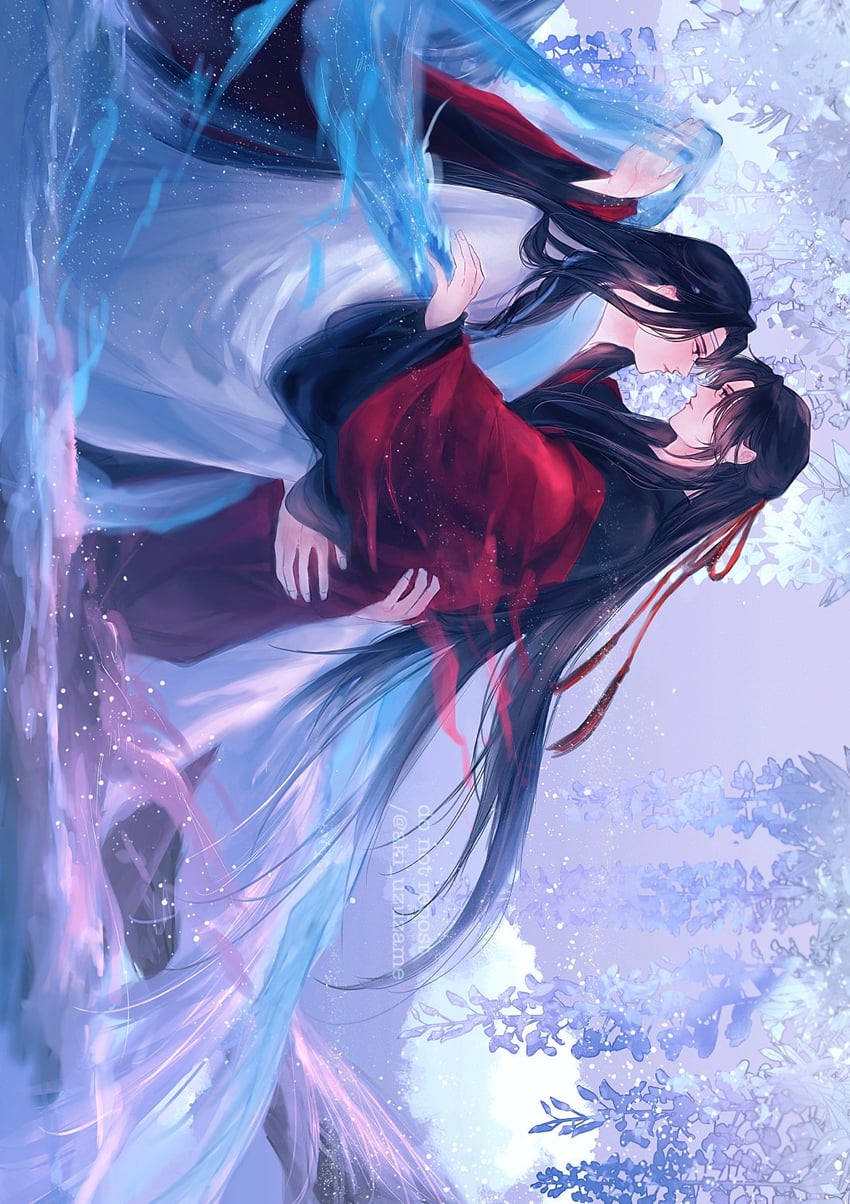 魔道祖师、蓝忘机、魏无羡 2个男孩 美少年 黑发 黑色汉服 蓝色披肩