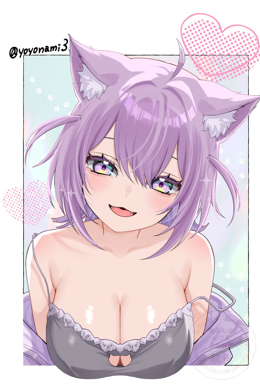 Hololive、猫又小粥、猫又小粥 (会员专享) 1名女孩 呆毛 兽耳毛 兽耳 露肩