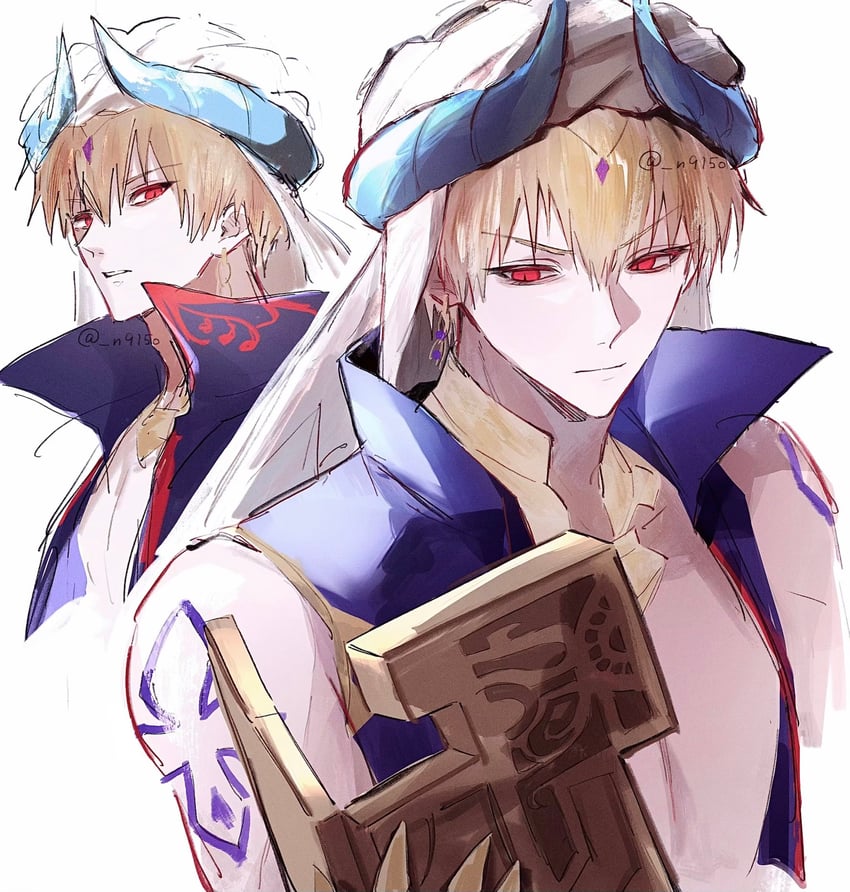 Fate/Grand Order、Fate系列、吉尔伽美什 (Caster) (Fate) 1名男孩 铠甲 作者名 露肩 蓝发