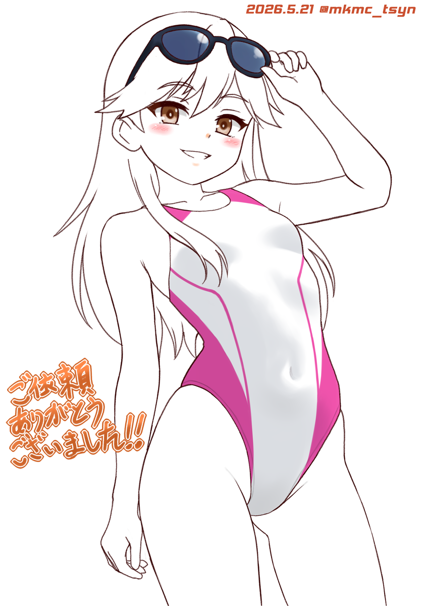 舰队Collection、荒潮 (舰队收藏) 1名女孩 乳房 竞速泳衣 对立式平衡姿势 遮盖肚脐