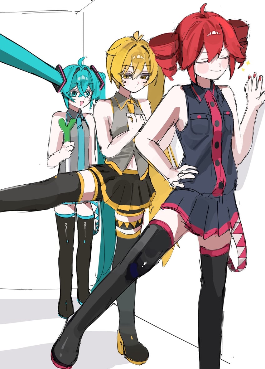 三笨蛋 (Vocaloid)、UTAU、VOCALOID 3人女子 呆毛 呆毛 水色瞳 水色发