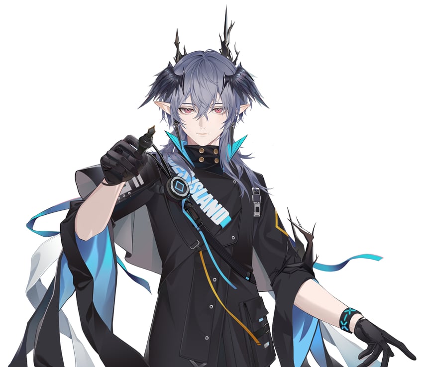 明日方舟、罗格斯 (明日方舟) 1名男孩 黑色手套 黑色夹克 闭嘴 恶魔男孩