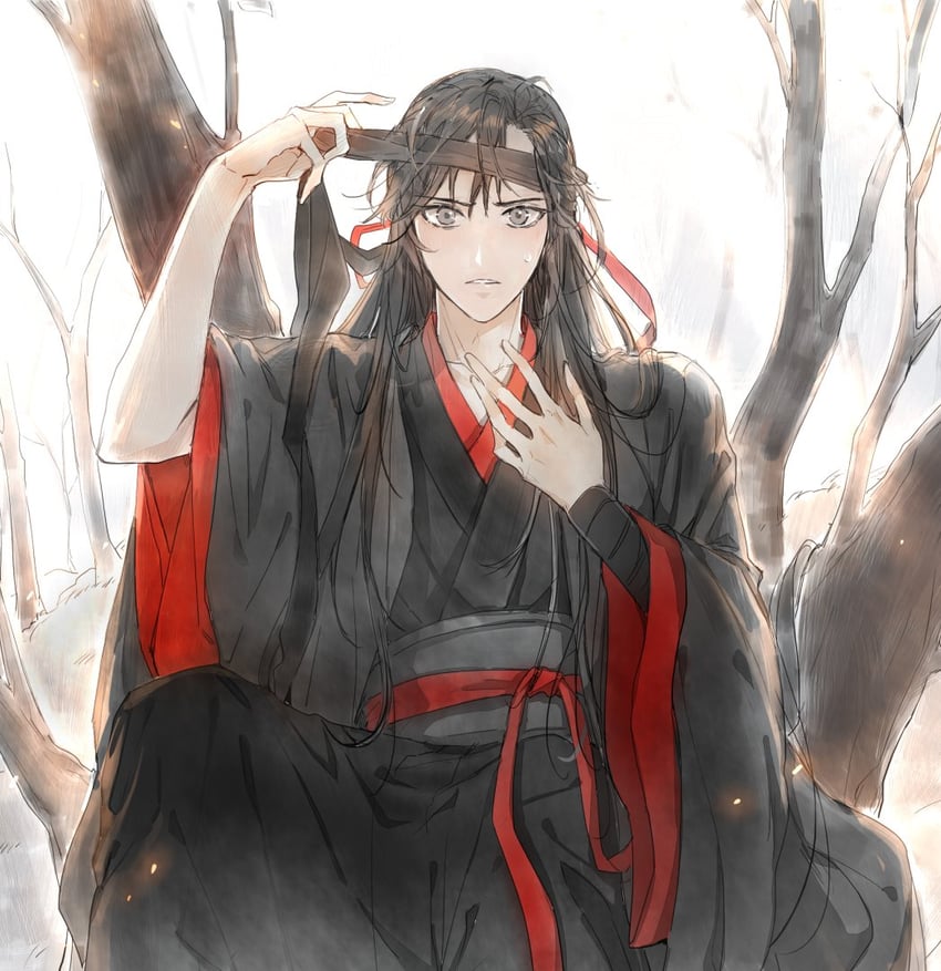 魔道祖师、魏无羡、魏无羡 (夷陵老祖) 1名男孩 黑色大衣 黑发 黑色汉服 蒙眼