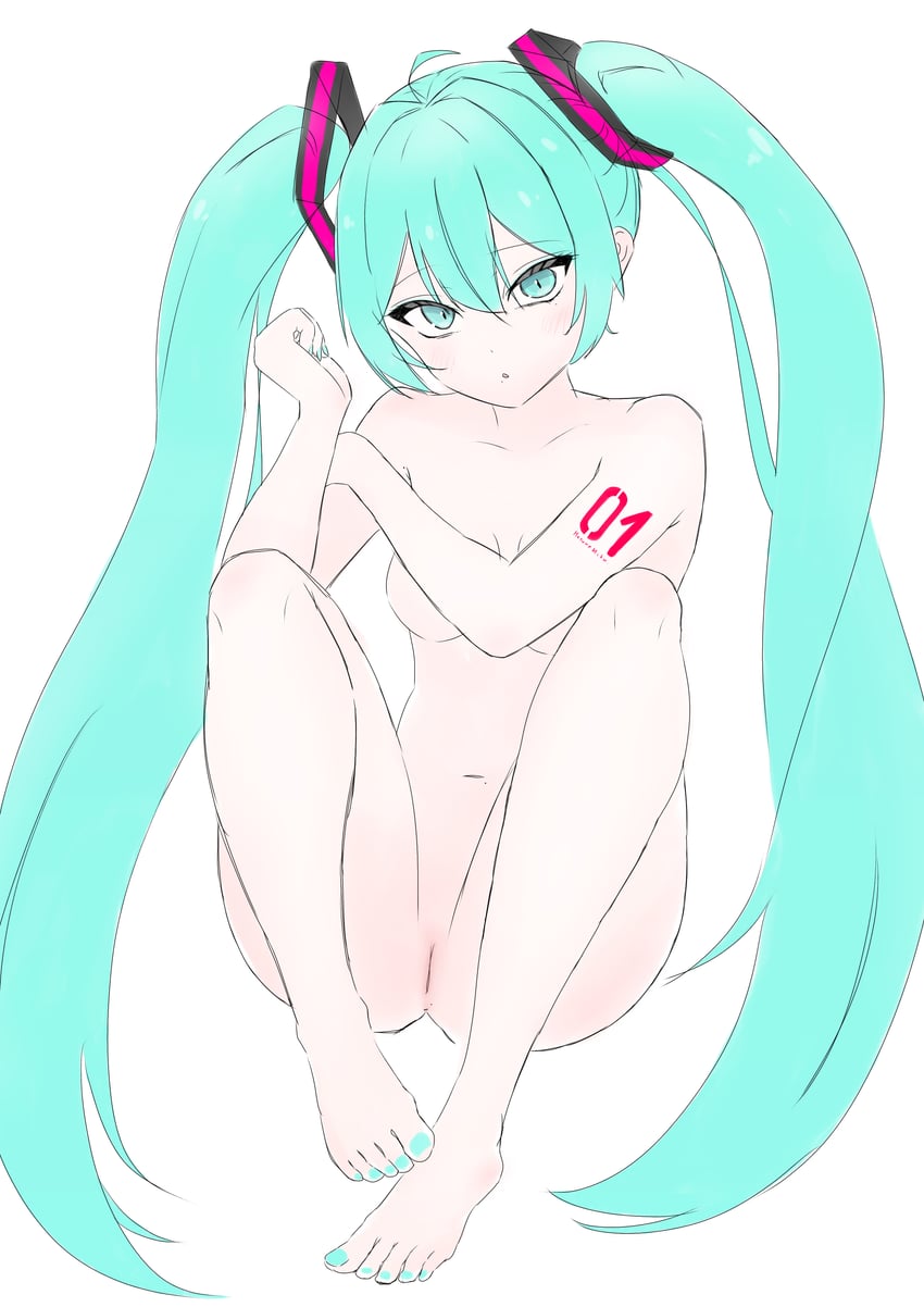 VOCALOID、初音未来 1名女孩 呆毛 水色瞳 水色发 水蓝色指甲