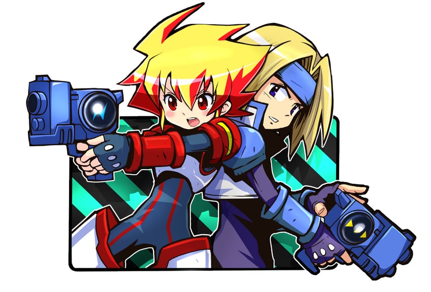 gunstar heroes、gunstar super heroes、gunstar blue (gunstar super heroes) 1名男孩 1名女孩 瞄准 铠甲 背靠背