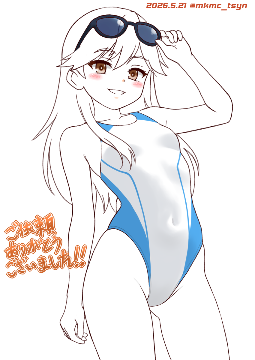 舰队Collection、荒潮 (舰队收藏) 1名女孩 乳房 竞速泳衣 对立式平衡姿势 遮盖肚脐