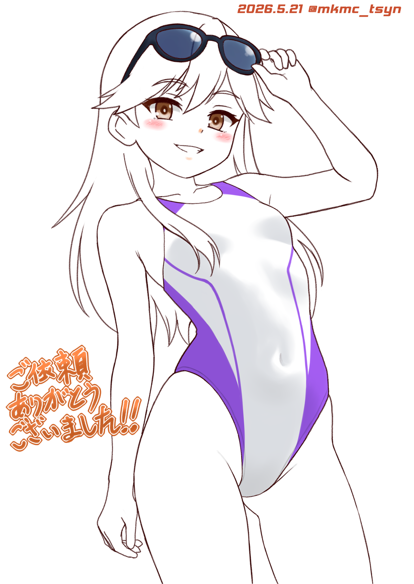 舰队Collection、荒潮 (舰队收藏) 1名女孩 乳房 竞速泳衣 对立式平衡姿势 遮盖肚脐