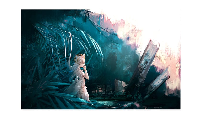 明日方舟、白金 (明日方舟)、platinum (shimmering dew) (arknights) 1名女孩 荒谬的长发 兽耳 比基尼 边框