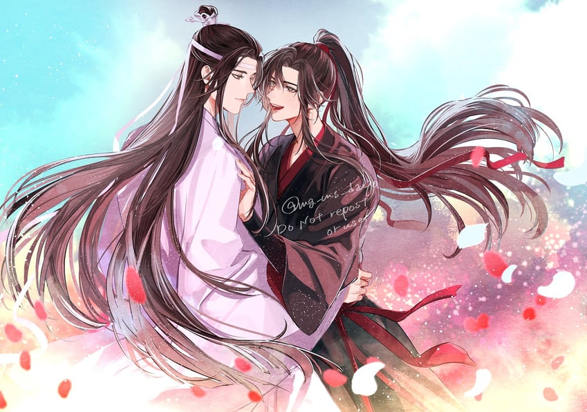 魔道祖师、蓝忘机、魏无羡 2个男孩 美少年 黑发 黑色汉服 蓝天