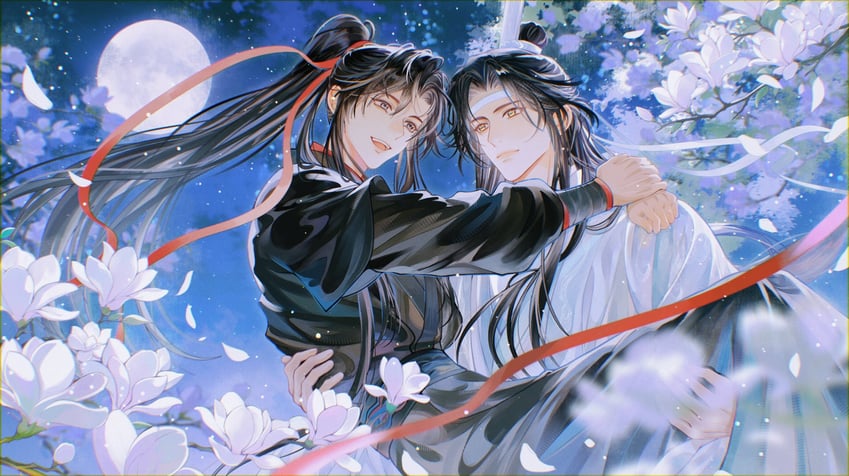 魔道祖师、蓝忘机、魏无羡 2个男孩 美少年 黑发 黑色汉服 树枝