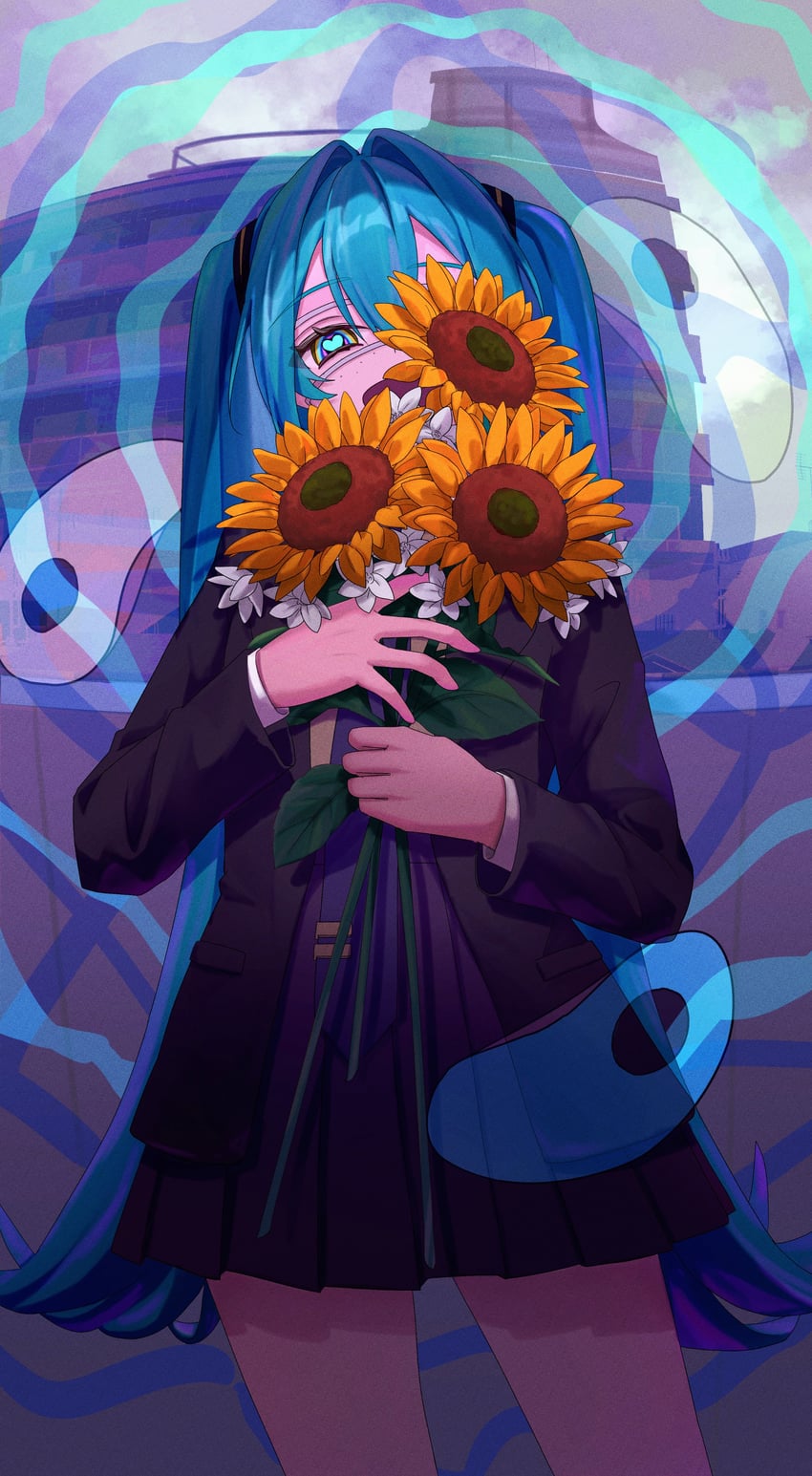 监控 (Vocaloid)、VOCALOID、初音未来 1名女孩 黑色夹克 黑色裙子 蓝眼 蓝发