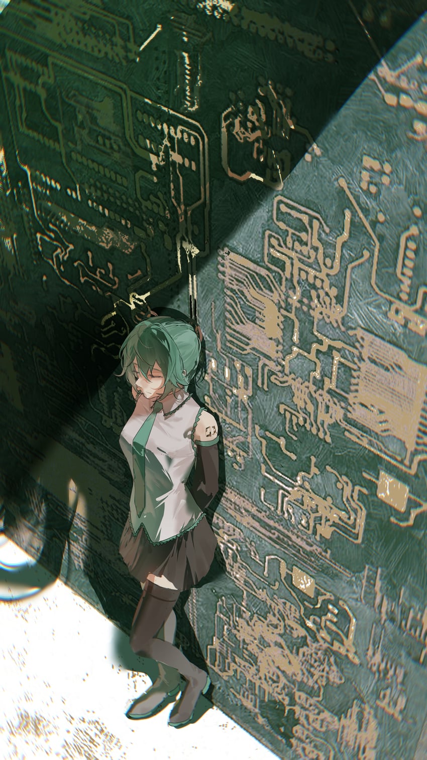 VOCALOID、初音未来 1名女孩 靠墙 发型长度变动 (更短) 不同发型 露肩