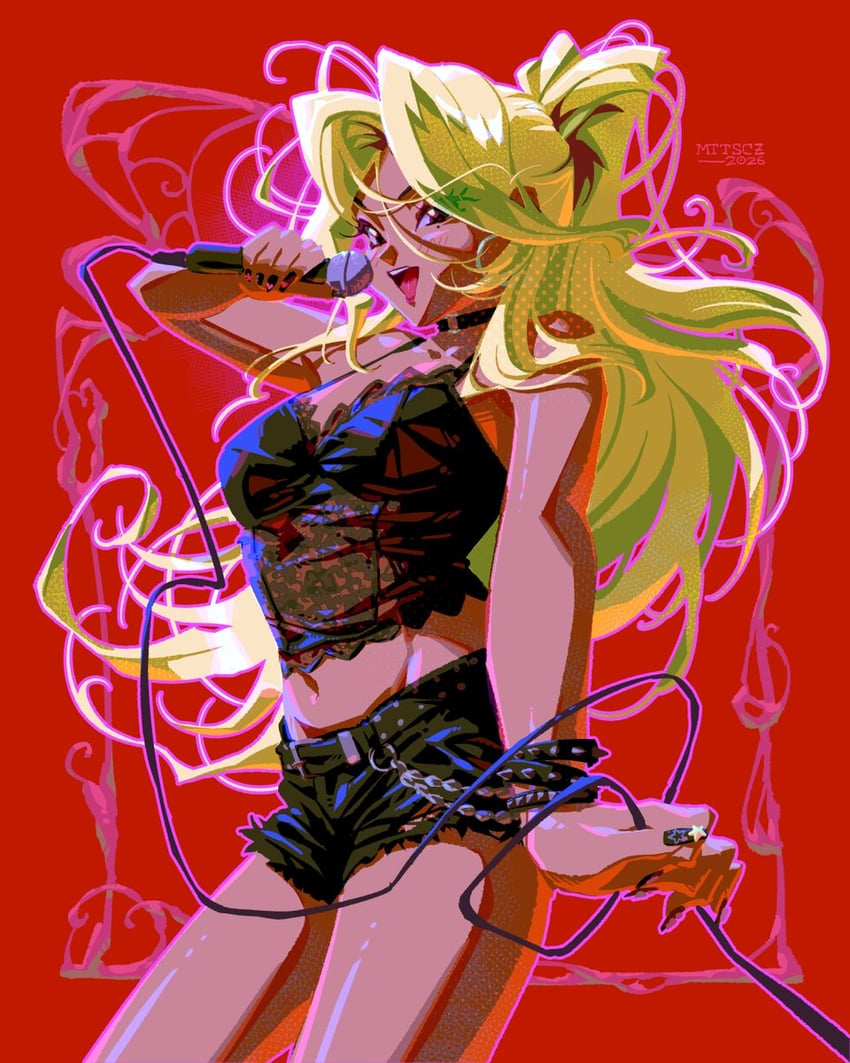 二次元插画 1名女孩 黑色指甲 黑色短裤 黑色背心 金发