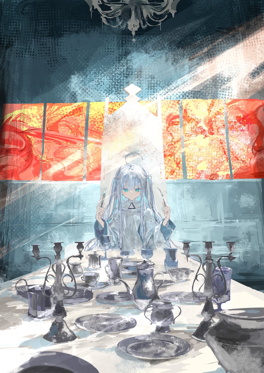 原创 1名女孩 呆毛 水色瞳 烛台 烛台
