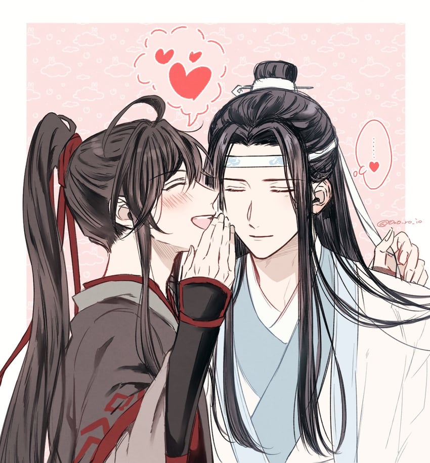 魔道祖师、蓝忘机、魏无羡 2个男孩 呆毛 黑发 黑色汉服 脸红