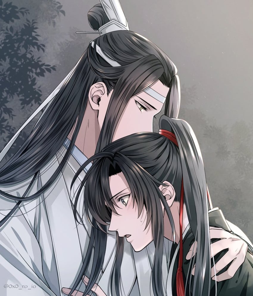 魔道祖师、蓝忘机、魏无羡 2个男孩 美少年 黑发 黑色汉服 脸红