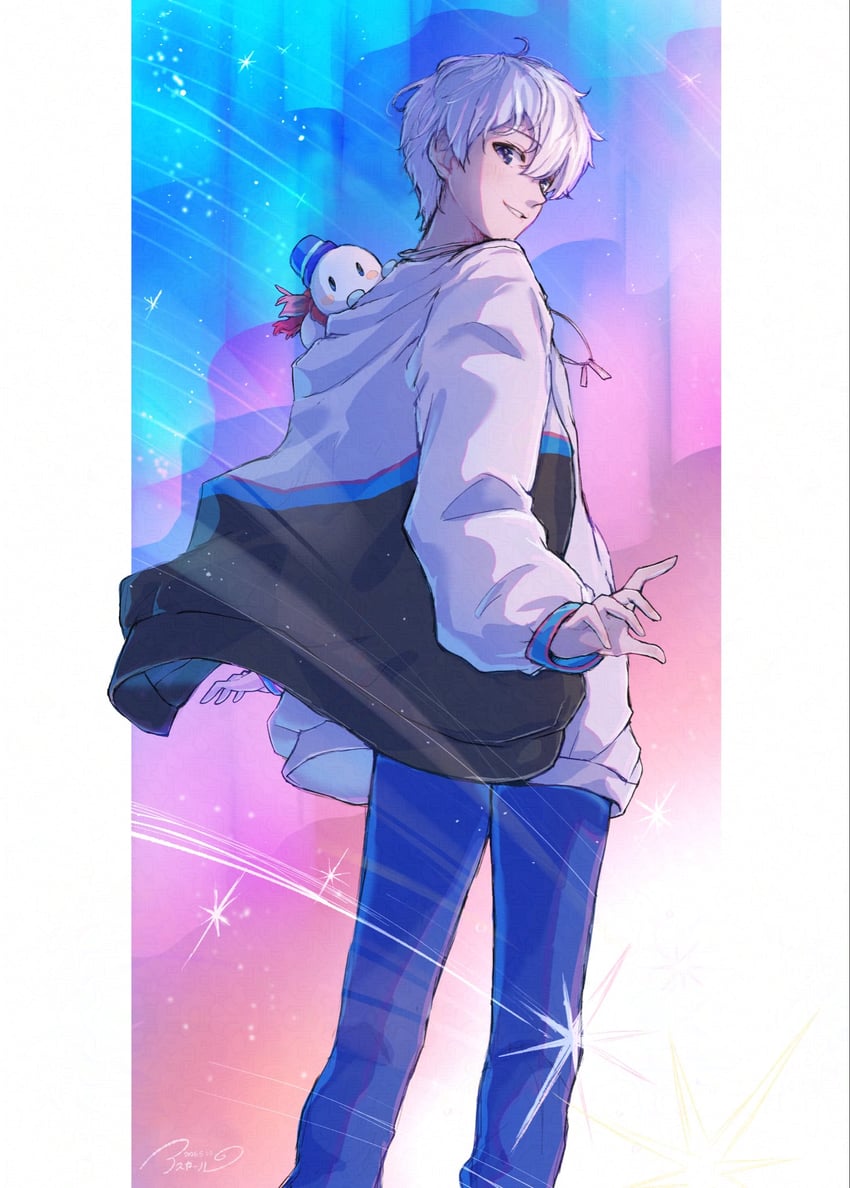 二次元插画 1名男孩 黑色夹克 蓝色裤子 脚部不在画面内 露齿而笑
