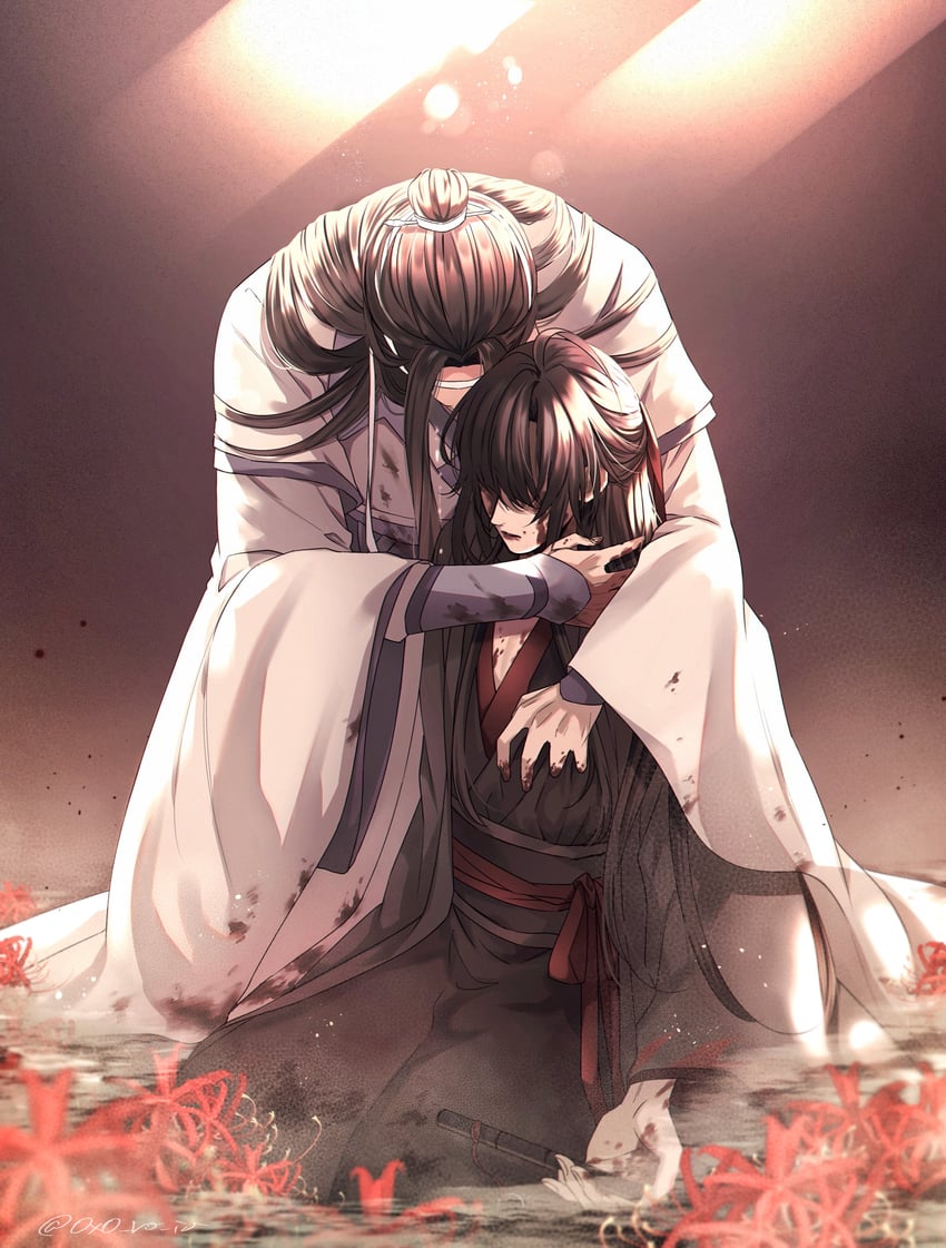 魔道祖师、蓝忘机、魏无羡 2个男孩 呆毛 黑发 黑色汉服 血