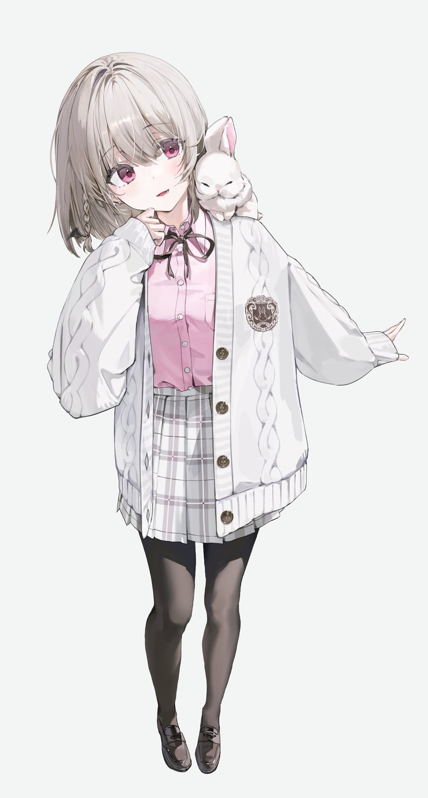 原创 1名女孩 肩上的动物 黑色连裤袜 脸红 辫子